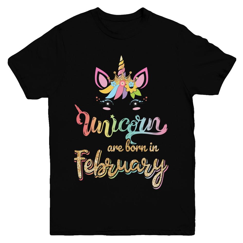 Cute Unicorns Are Born In February Birthday Gift Youth-Youth Shirt-Youth T-Shirt-Black