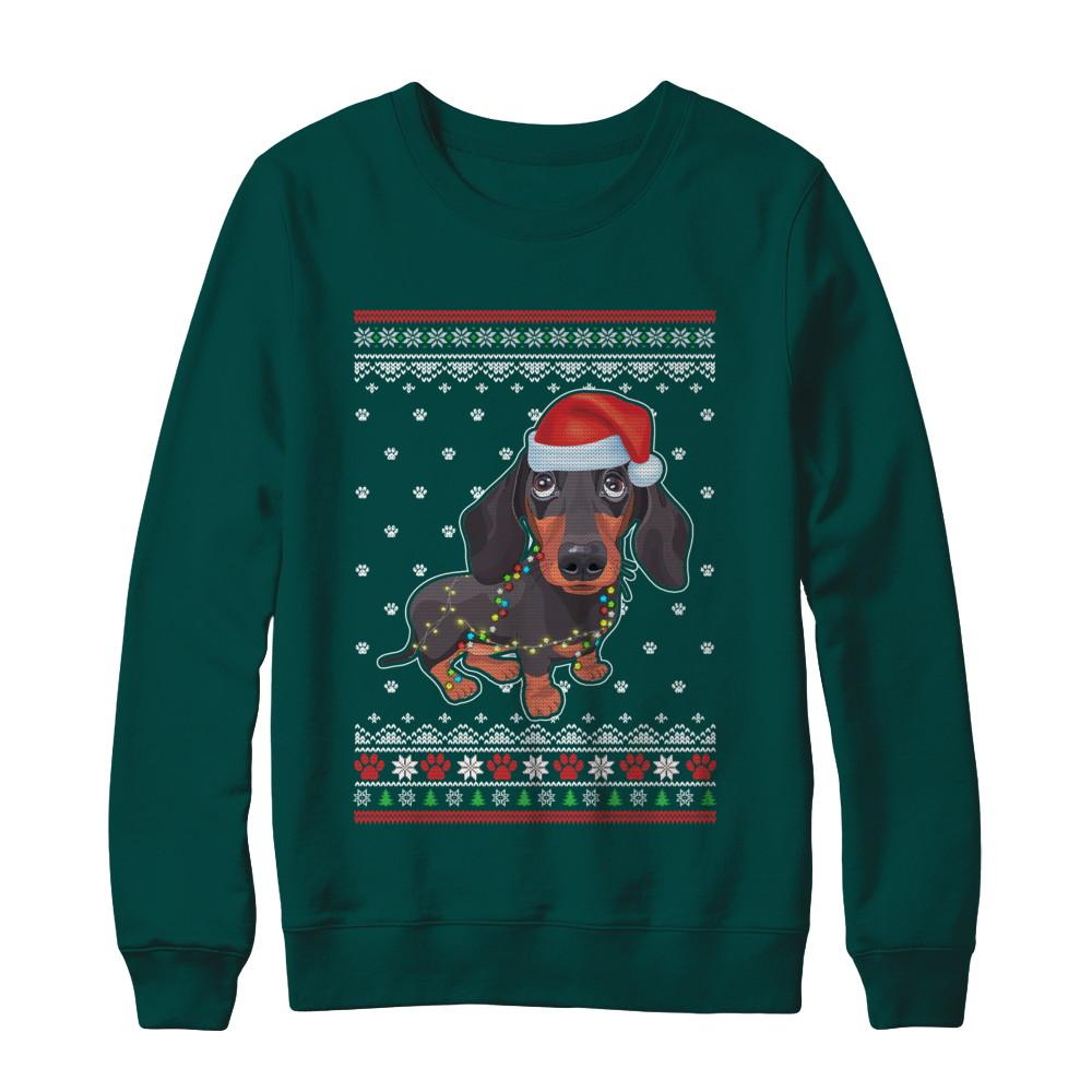 Dachshund Christmas Ugly Sweater Lights Dog Xmas Gift-T-Shirt & Sweatshirt-Crewneck Sweatshirt-Deep Forest