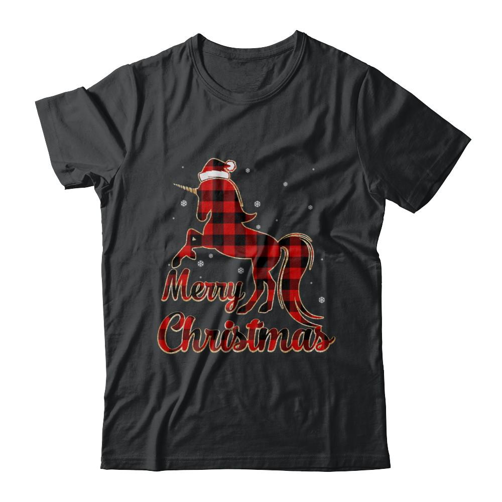 Red Buffalo Plaid Unicorn Merry Christmas-T-Shirt & Sweatshirt-Classic T-Shirt-Black