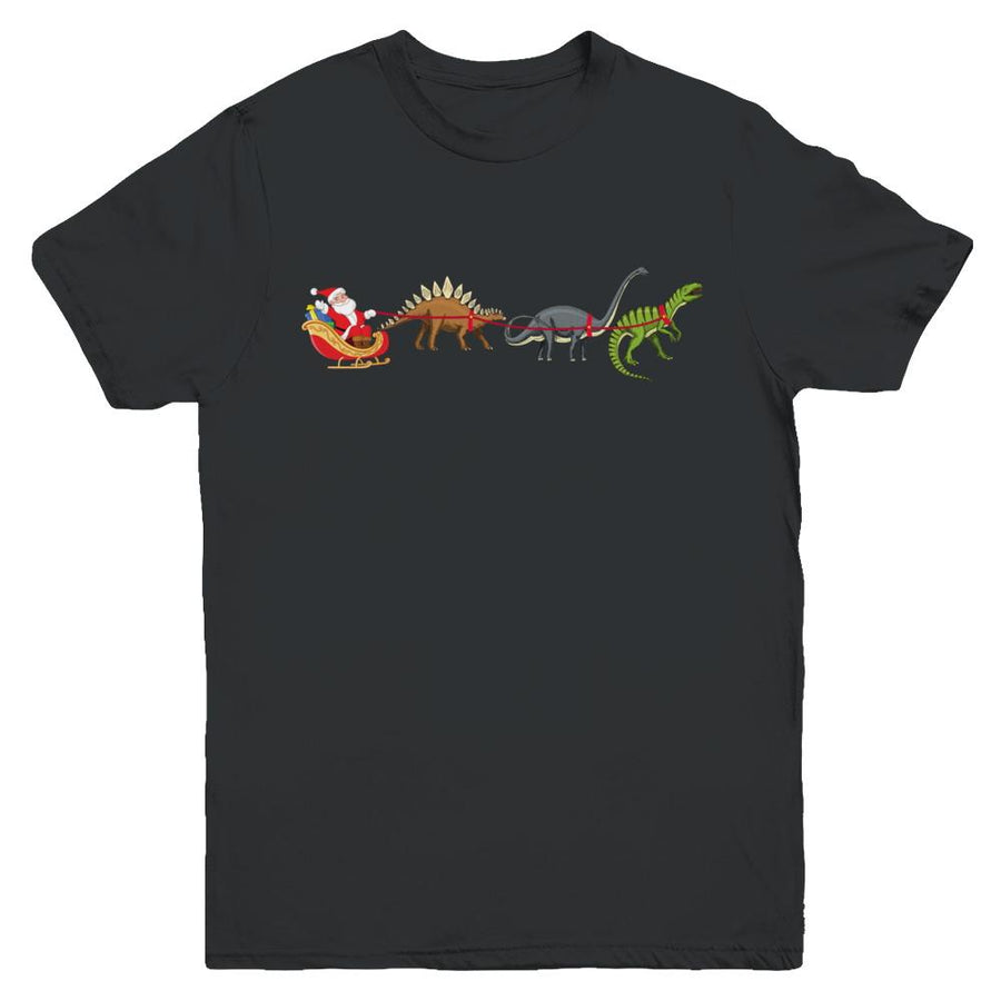Xmas Cool Santa Sleigh Dinosaur Christmas Gift Youth-Youth Shirt-Youth T-Shirt-Black