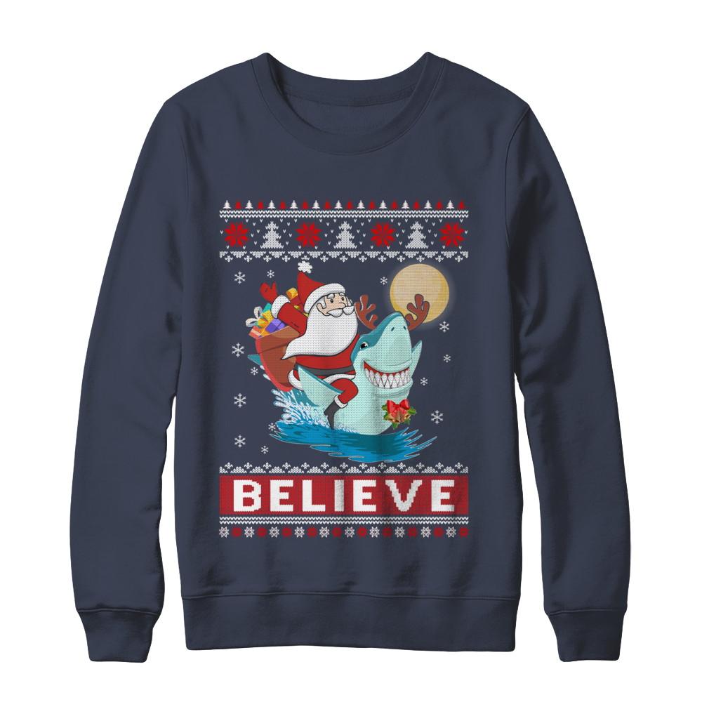 Believe In Santa Riding Shark Ugly Christmas Sweater-T-Shirt & Sweatshirt-Crewneck Sweatshirt-Navy