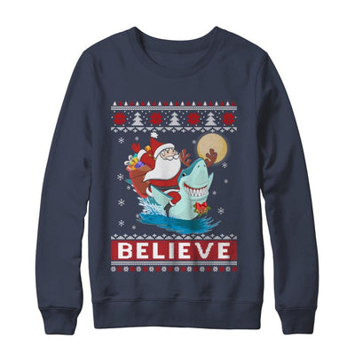 Believe In Santa Riding Shark Ugly Christmas Sweater-T-Shirt & Sweatshirt-Crewneck Sweatshirt-Navy