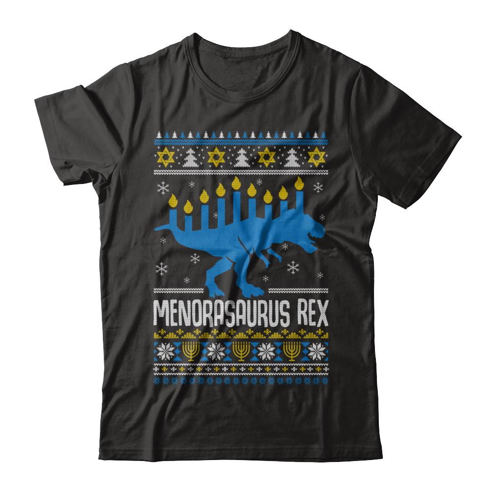 Funny Ugly Hanukkah Dinosaur T-Rex Menorasaurus Sweater-T-Shirt & Sweatshirt-Premium T-Shirt-Black