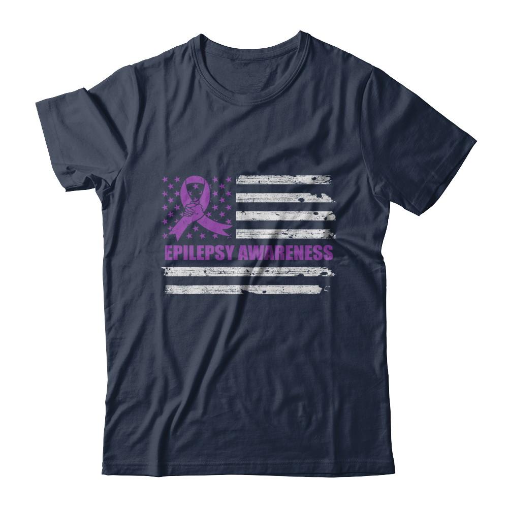 Purple Ribbon Epilepsy Awareness US Flag-T-Shirt & Hoodie-Classic T-Shirt-Navy
