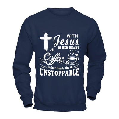 With Jesus In Her Heart And Coffee In Her Hand-T-Shirt & Hoodie-Crewneck Sweatshirt-Navy