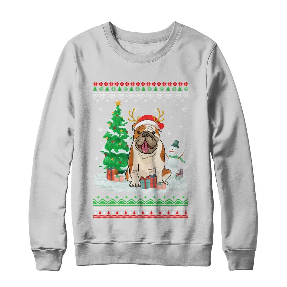 Cute Reindeer Bulldog Christmas Puppie Dog Sweater-T-Shirt & Sweatshirt-Crewneck Sweatshirt-White