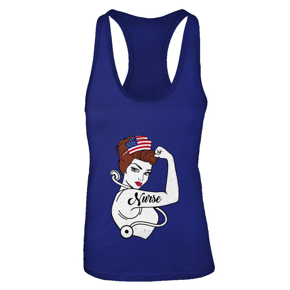 Nurse Vet Strong Woman American Flag Nursing 4Th Of July-T-Shirt & Tank Top-Women's Ideal Racerback Tank-Royal