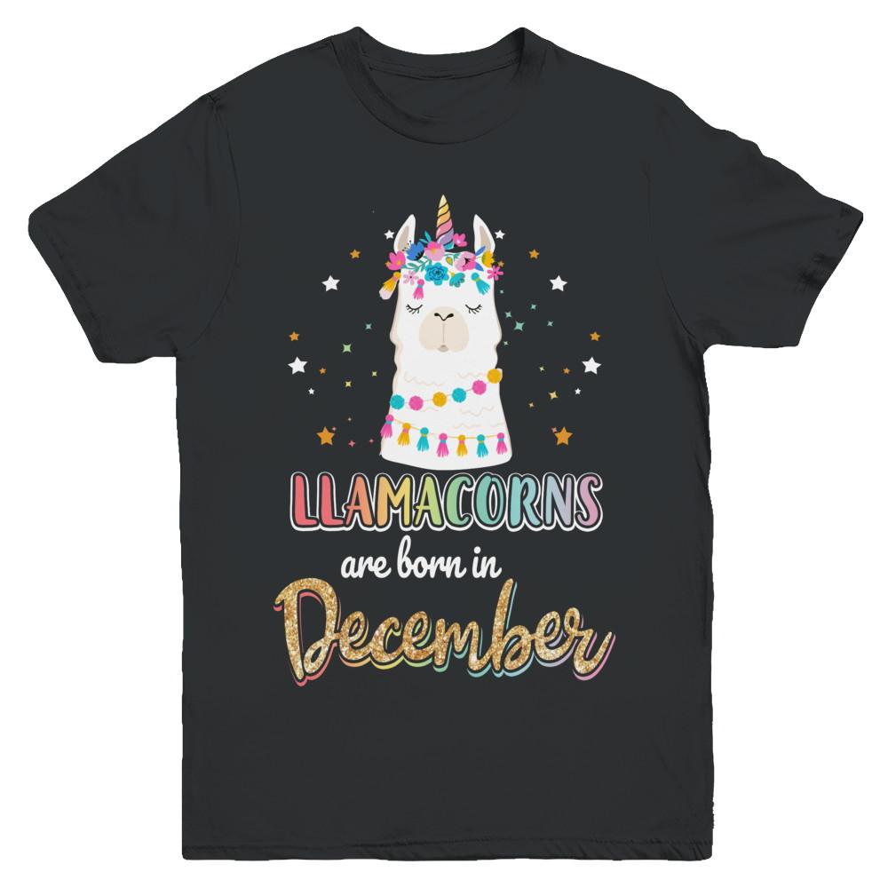 Llama Unicorn Llamacorns Born In December Birthday Gift Youth-Youth Shirt-Youth T-Shirt-Black