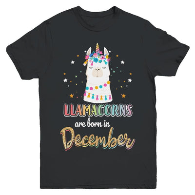 Llama Unicorn Llamacorns Born In December Birthday Gift Youth-Youth Shirt-Youth T-Shirt-Black
