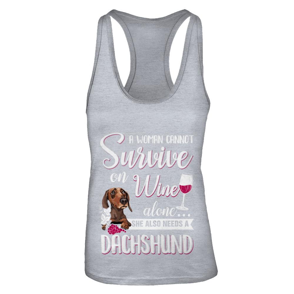 A Woman Can't Survive On Wine Alone Dachshund Dog-T-Shirt & Tank Top-Women's Ideal Racerback Tank-Heather Grey