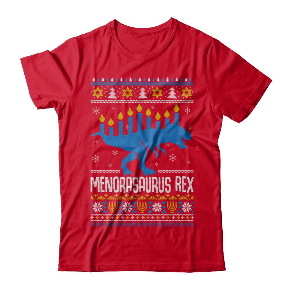 Funny Ugly Hanukkah Dinosaur T-Rex Menorasaurus Sweater-T-Shirt & Sweatshirt-Premium T-Shirt-Red