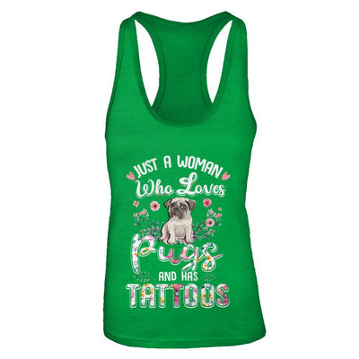 Just A Woman Who Loves Pugs And Has Tattoos-T-Shirt & Tank Top-Women's Ideal Racerback Tank-Kelly Green