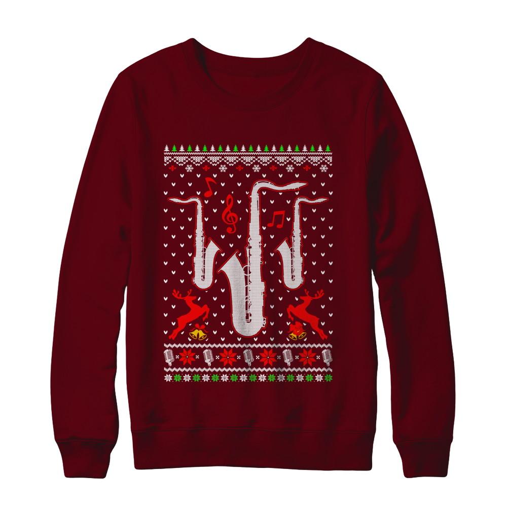 Santa Saxophone Ugly Christmas Sweater Gifts-T-Shirt & Sweatshirt-Crewneck Sweatshirt-Maroon