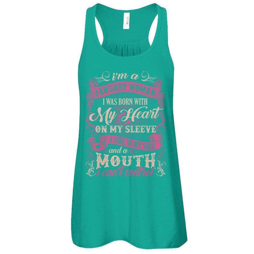 I Am A January Woman I Was Born With My Heart On My Sleeve-T-Shirt & Tank Top-Women's Flowy Racerback Tank-Kelly