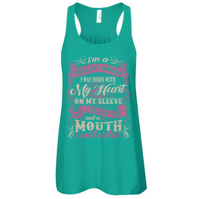 I Am A January Woman I Was Born With My Heart On My Sleeve-T-Shirt & Tank Top-Women's Flowy Racerback Tank-Kelly