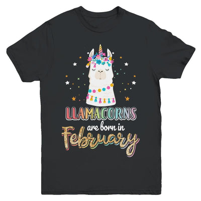 Llama Unicorn Llamacorns Born In February Birthday Gift Youth-Youth Shirt-Youth T-Shirt-Black