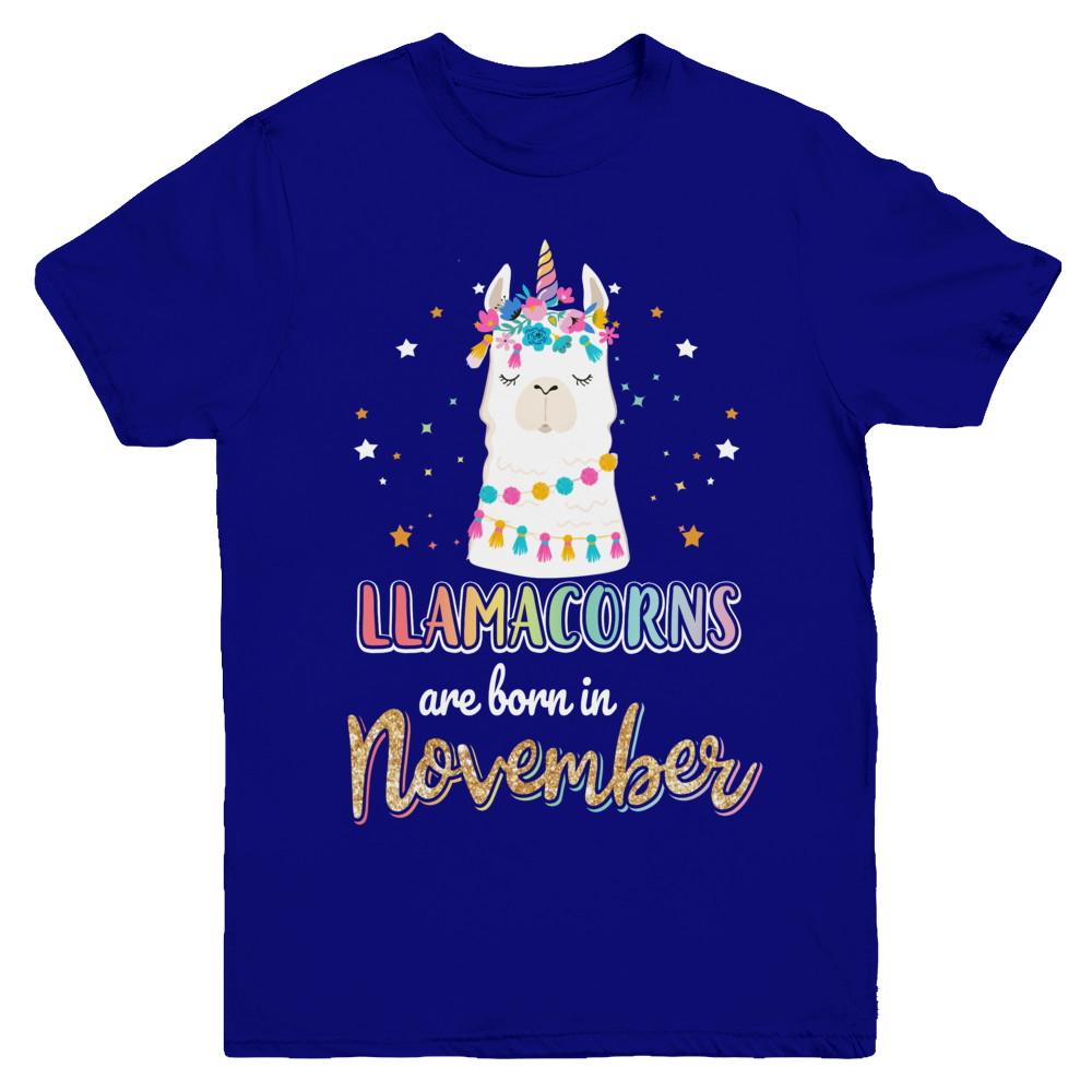 Llama Unicorn Llamacorns Born In November Birthday Gift Youth-Youth Shirt-Youth T-Shirt-Navy