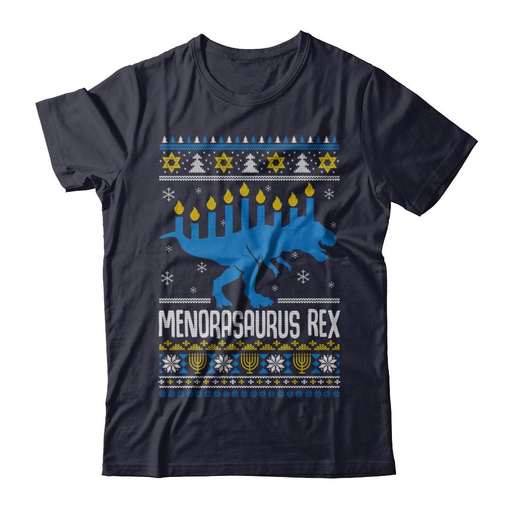 Funny Ugly Hanukkah Dinosaur T-Rex Menorasaurus Sweater-T-Shirt & Sweatshirt-Premium T-Shirt-Midnight Navy