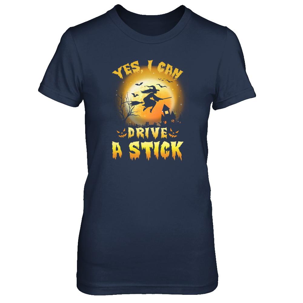 Yes I Can Drive A Stick Broom Funny Halloween Witch-T-Shirt & Tank Top-Women's T-Shirt-Navy
