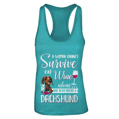A Woman Can't Survive On Wine Alone Dachshund Dog-T-Shirt & Tank Top-Women's Ideal Racerback Tank-Tahiti Blue