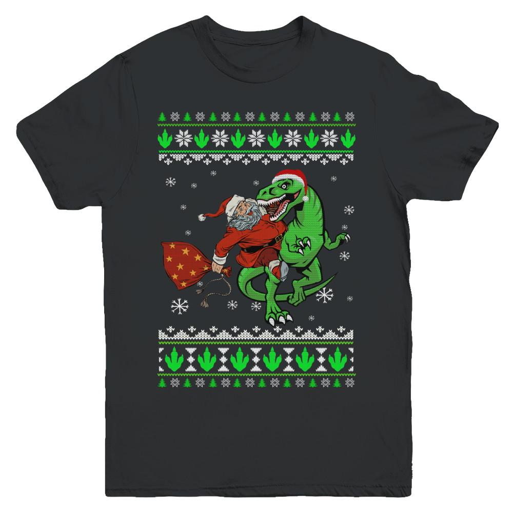 Santa Riding Dinosaur T-Rex Ugly Christmas Sweater Youth-Youth Shirt-Youth T-Shirt-Black