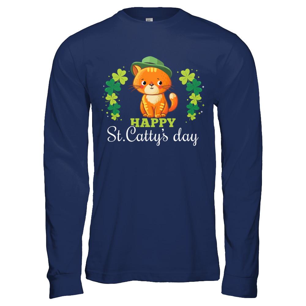 Happy St Catty's St. Patrick's Day Lucky Cat Gift-T-Shirt & Hoodie-Long Sleeve T-Shirt-Navy