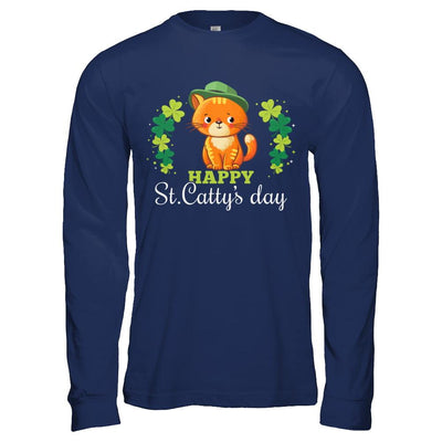 Happy St Catty's St. Patrick's Day Lucky Cat Gift-T-Shirt & Hoodie-Long Sleeve T-Shirt-Navy