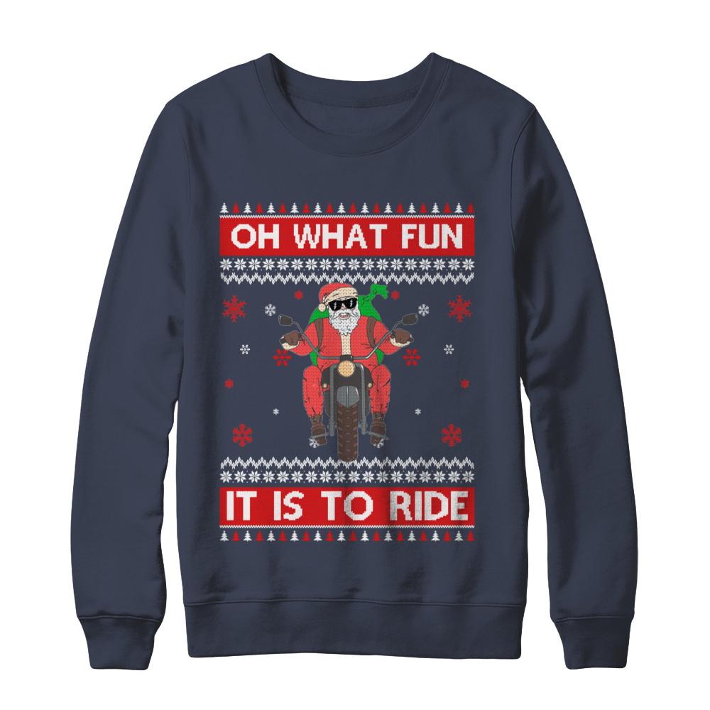 Oh What Fun It Is To Ride Motorcycle Christmas Sweater-T-Shirt & Sweatshirt-Crewneck Sweatshirt-Navy