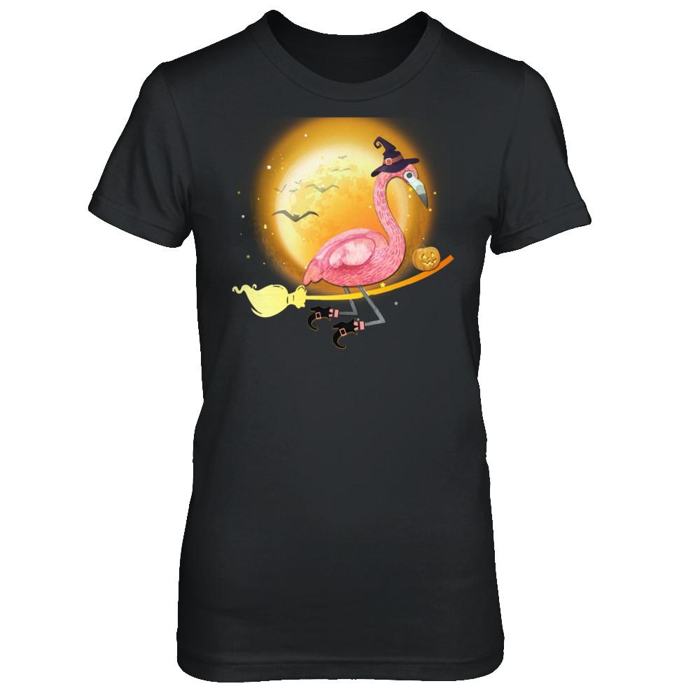 Funny Halloween Flamingo Witch Broom Scary-T-Shirt & Hoodie-Women's T-Shirt-Black