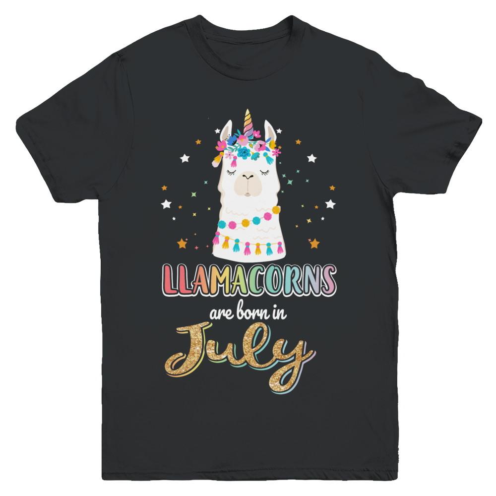 Llama Unicorn Llamacorns Born In July Birthday Gift Youth-Youth Shirt-Youth T-Shirt-Black