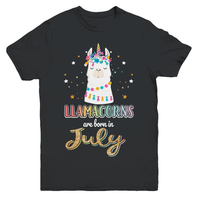 Llama Unicorn Llamacorns Born In July Birthday Gift Youth-Youth Shirt-Youth T-Shirt-Black