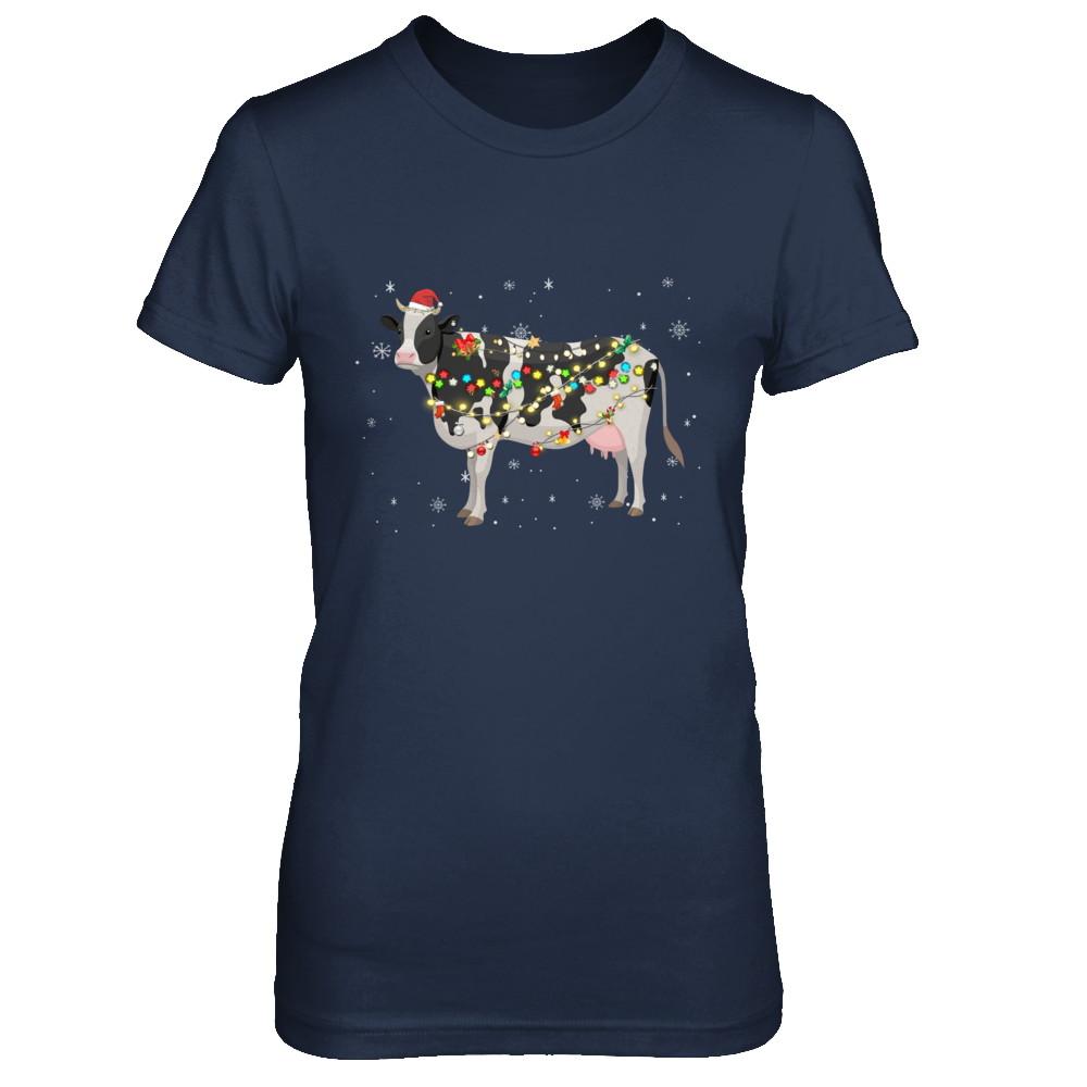 Vintage Cow Merry Christmas Light Led-T-Shirt & Hoodie-Women's T-Shirt-Navy