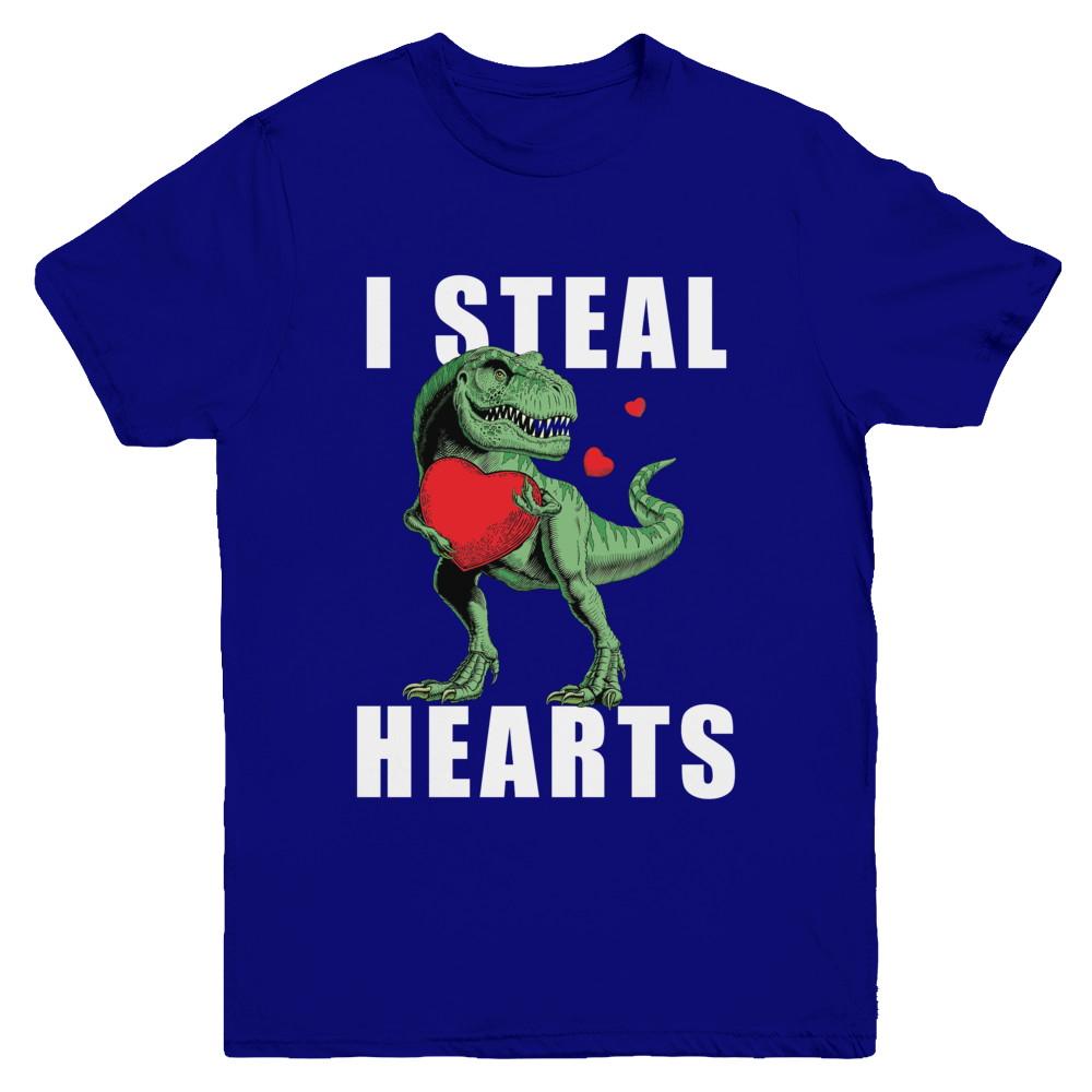I Steal Hearts Funny Valentines Day Dinosaur T-Rex Boys Youth-Youth Shirt-Youth T-Shirt-Navy