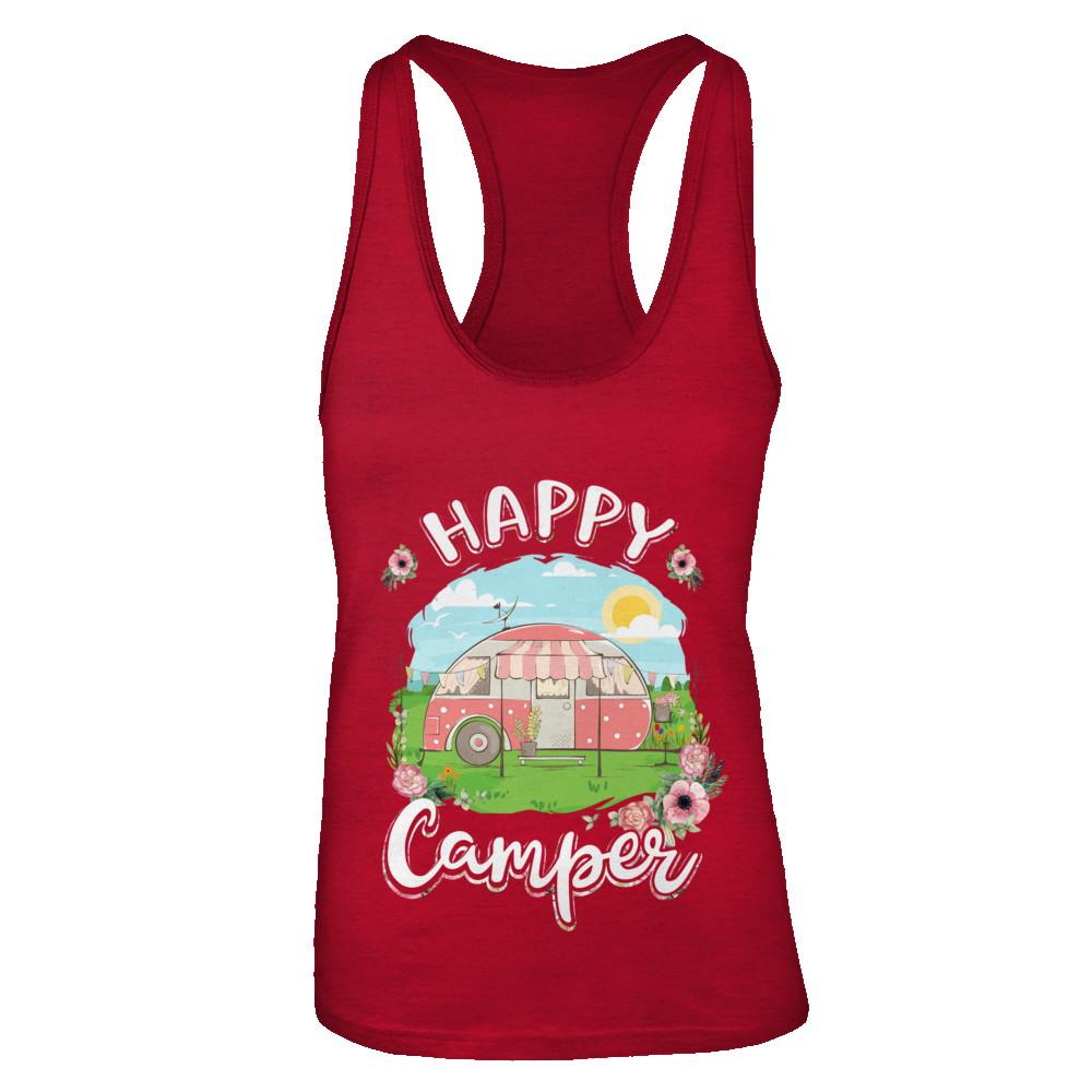 Happy Camper Flower Funny Camping Girl Gifts-T-Shirt & Tank Top-Women's Ideal Racerback Tank-Red