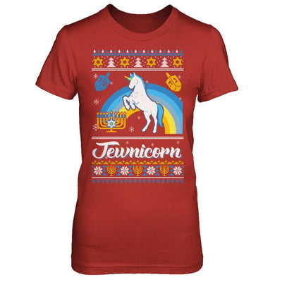 Funny Ugly Hanukkah Sweater Unicorn Jewnicorn-T-Shirt & Sweatshirt-Women's T-Shirt-Red