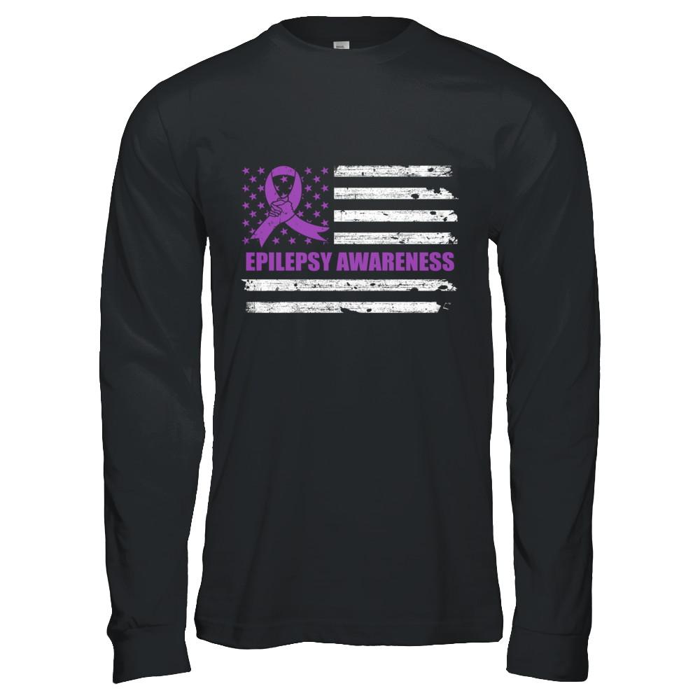 Purple Ribbon Epilepsy Awareness US Flag-T-Shirt & Hoodie-Long Sleeve T-Shirt-Black
