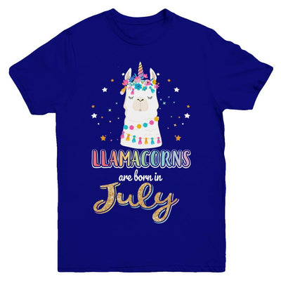 Llama Unicorn Llamacorns Born In July Birthday Gift Youth-Youth Shirt-Youth T-Shirt-Navy