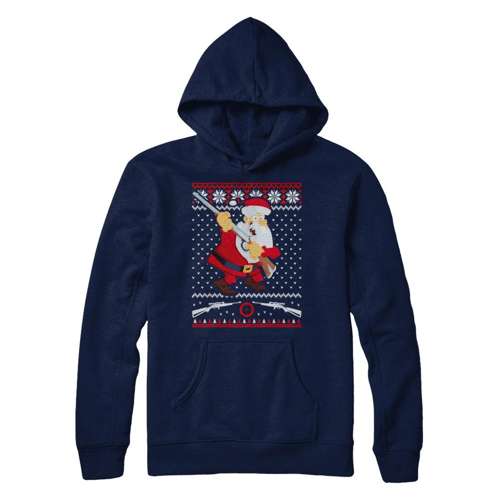 Santa Gun Hunting Ugly Christmas Sweater Funny-T-Shirt & Sweatshirt-Pullover Hoodie-Navy
