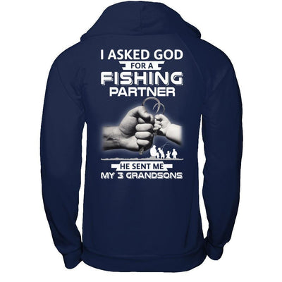 I Asked God For A Fishing Partner He Sent Me My Three Grandsons-T-Shirt & Hoodie-Pullover Hoodie-Navy