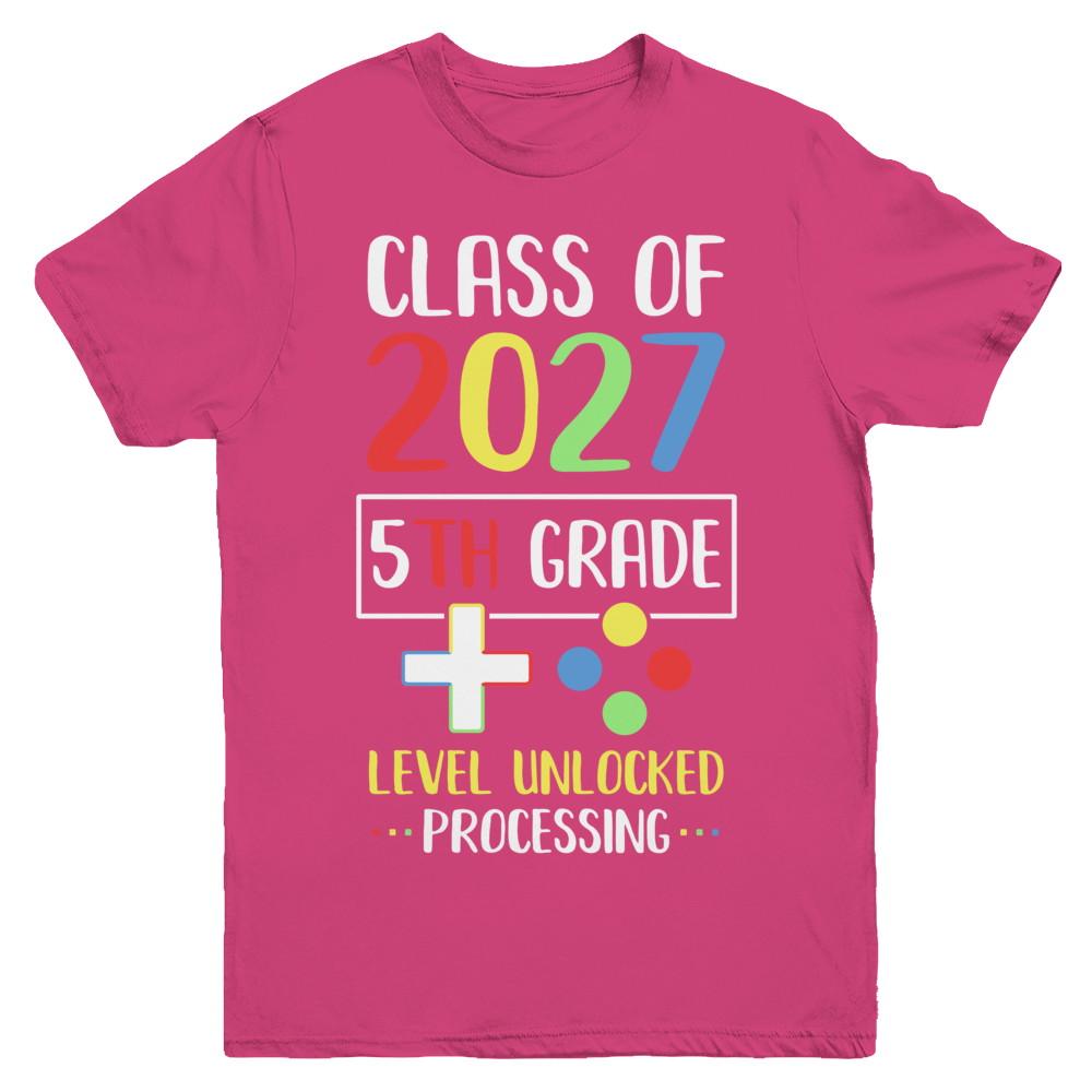 Class Of 2027 5th Grade Level Unlock Gaming Back Go School Youth-Youth Shirt-Youth T-Shirt-Heliconia
