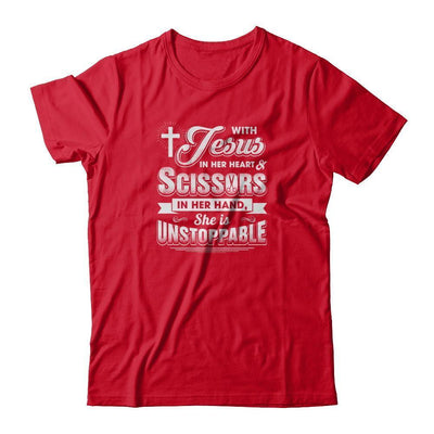 With Jesus In Her Heart And Scissors For Hairdresser-T-Shirt & Tank Top-Premium T-Shirt-Red