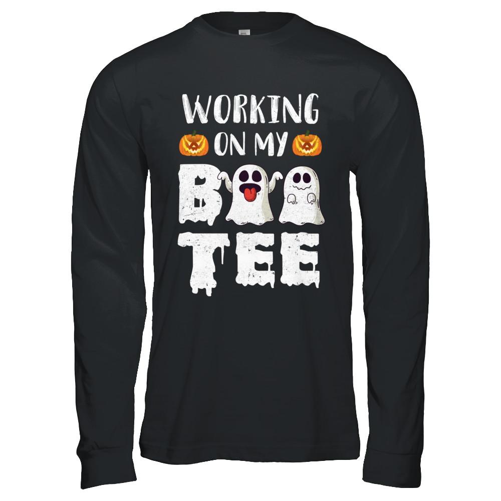 Working On My Boo Tee Funny Ghost Halloween-T-Shirt & Hoodie-Long Sleeve T-Shirt-Black