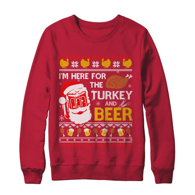 I Am Here For Turkey And Beer Ugly Sweater Thanksgiving-T-Shirt & Sweatshirt-Crewneck Sweatshirt-Red