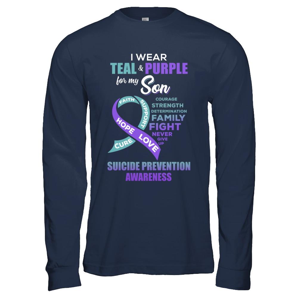 Suicide Prevention Awareness I Wear Teal Purple For My Son-T-Shirt & Hoodie-Long Sleeve T-Shirt-Navy