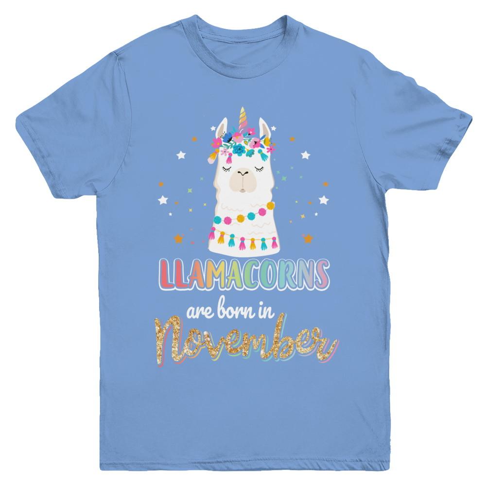 Llama Unicorn Llamacorns Born In November Birthday Gift Youth-Youth Shirt-Youth T-Shirt-Carolina Blue