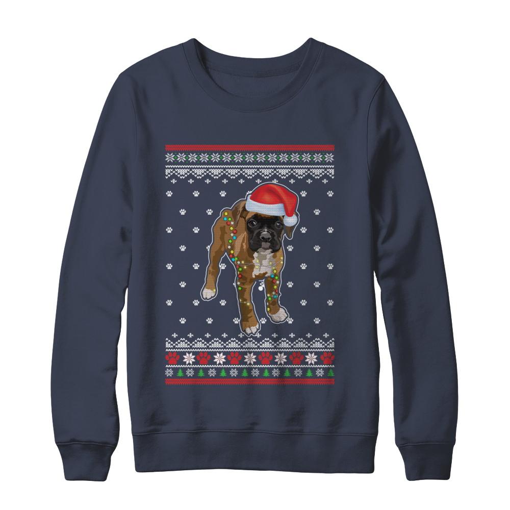 Boxer Christmas Ugly Sweater Lights Dog Xmas Gift-T-Shirt & Sweatshirt-Crewneck Sweatshirt-Navy