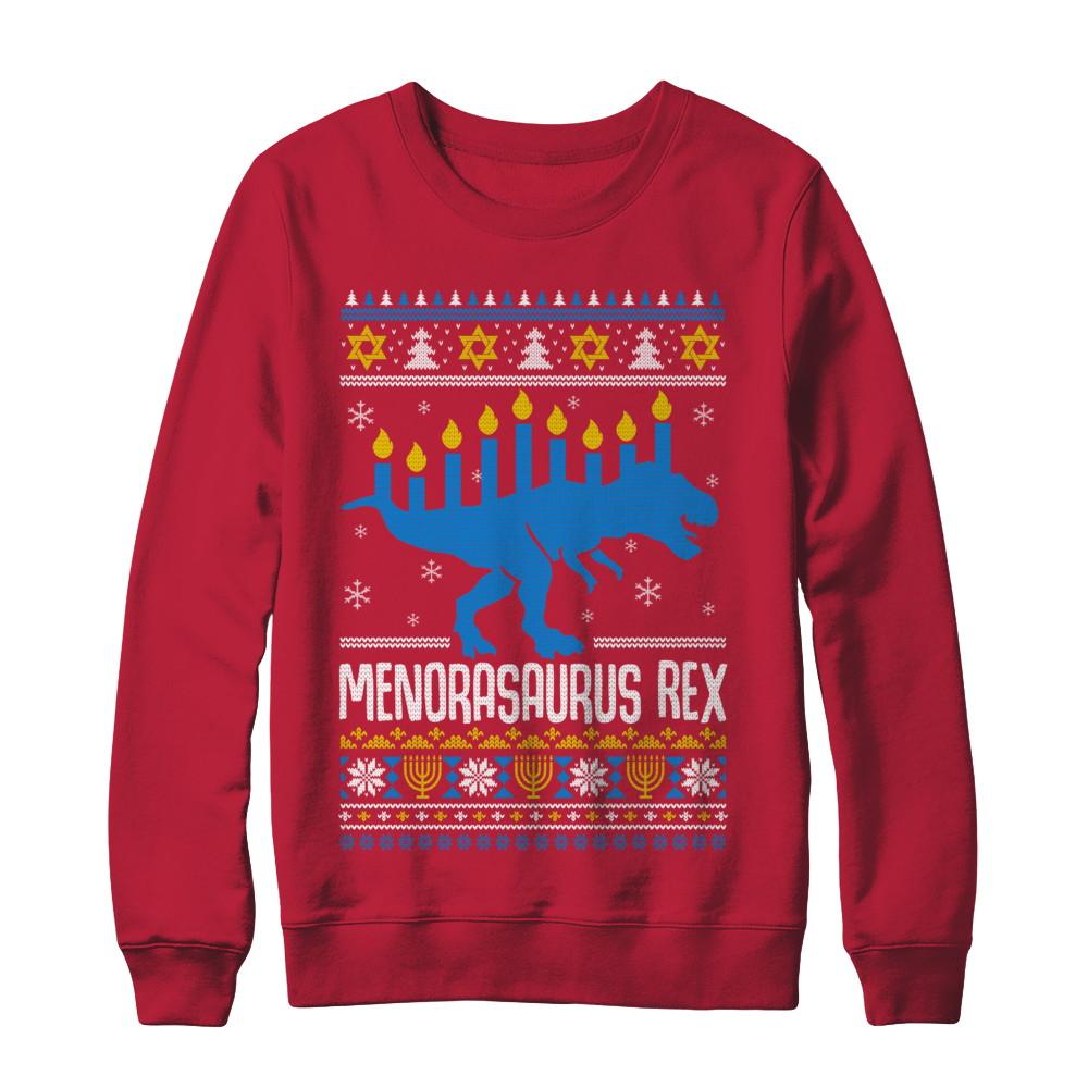 Funny Ugly Hanukkah Dinosaur T-Rex Menorasaurus Sweater-T-Shirt & Sweatshirt-Crewneck Sweatshirt-Red