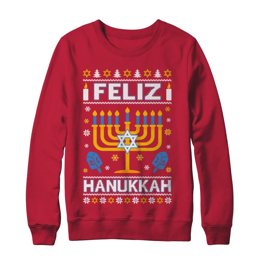 Happy Hanukkah Ugly Sweater Feliz Chanukah Menorah-T-Shirt & Sweatshirt-Crewneck Sweatshirt-Red