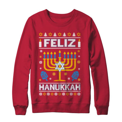 Happy Hanukkah Ugly Sweater Feliz Chanukah Menorah-T-Shirt & Sweatshirt-Crewneck Sweatshirt-Red