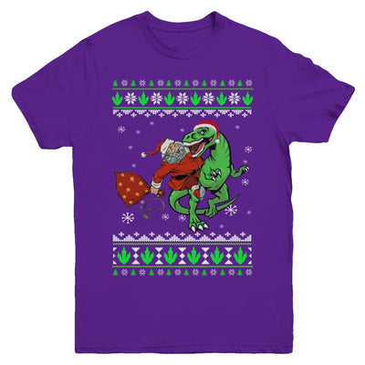 Santa Riding Dinosaur T-Rex Ugly Christmas Sweater Youth-Youth Shirt-Youth T-Shirt-Purple